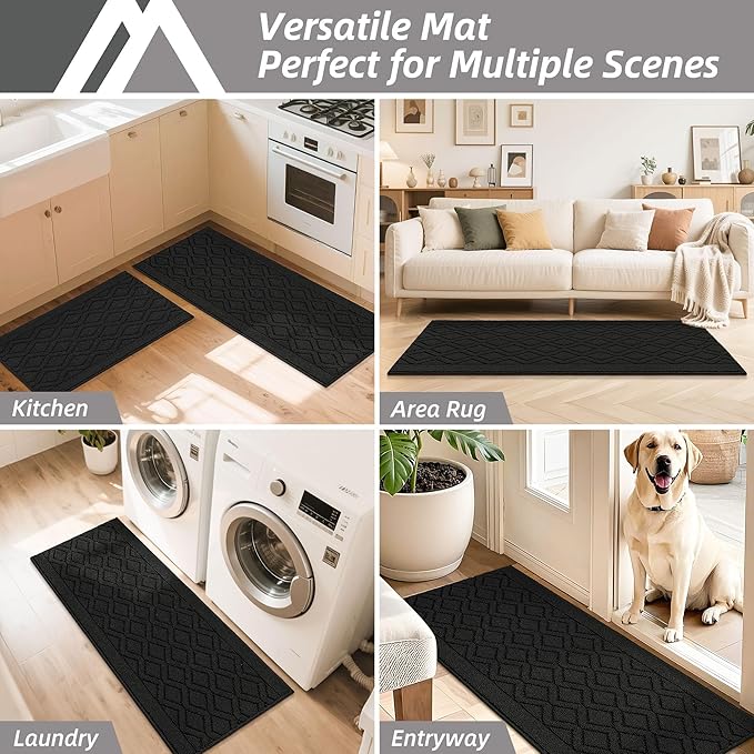 COSY HOMEER 48x20 Inch/30X20 Inch Kitchen Rug Mats Made of 100% Polypropylene 2 Pieces Soft Kitchen Mat Specialized in Anti Slippery and Machine Washable,Black