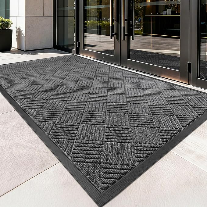 Front Door Mat, Heavy Duty Indoor Outdoor Doormat, 48" x 24" Low Profile Outdoor Mats for Home Entrance, Stain and Fade Resistant Welcome Mat Ideal for High Traffic Area, Diamond Grey