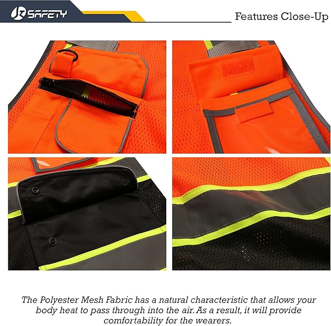 JKSafety 9 Pockets High Visibility Dual Color Zipper Front MESH Lite Safety Vest | Yellow Color Triming Reflective Strip | ANSI/ISEA Standards (100-Orange-Black, L)