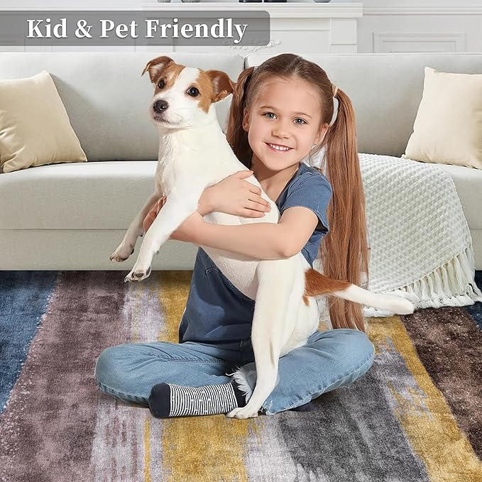 Ciicool 2'6 "x8' Washable Runner Rug, Modern Abstract Hallway Rugs Runner, Non-Slip Thin Accent Rug Lightweight Yellow Gray Distressed Carpet Runners for Laundry Entryway Bedroom Kitchen Indoor