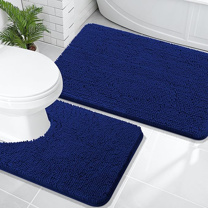 OLANLY Bathroom Rugs Sets 2 Piece, Soft Absorbent Chenille Bath Mats and U-Shaped Contour Toilet Rug, Non-Slip, Machine Washable Bath Carpet, Home Decor Accessories(36"x24"+24"x20", Navy)