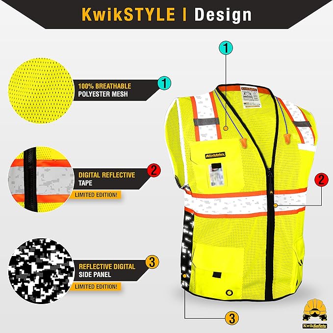 KwikSafety - BIG KAHUNA DIGITAL Safety Vest [LIMITED EDITION] Class 2 ANSI OSHA Reflective Vest Durable High Visibility Vest Construction Safety Vest for Men Industrial Work Gear/Yellow Small