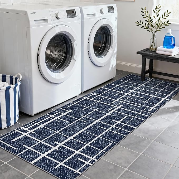 Washable Runner Rug 2x6, Blue Modern Distressed Stripe, Kitchen Runner Rug Non Slip, Woven Thin No Shed Runners for Entryway, Kitchen, Laundry Room- Blue