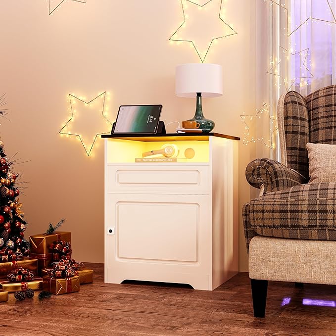 Night Stand with Charging Station,Fingerprint Lock Bedside Table with Drawers,Farmhouse End Table and Nightstand,Small Side Table for Bedroom,Living Room (White-with Fingerprint Lock, 1-Pcs)