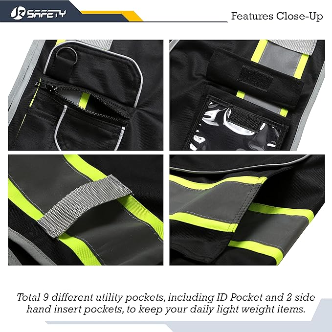 JKSafety 9 Pockets Hi-Vis Black Color Zipper Front Safety Vest Fluorescent Yellow Strips outlining the Reflective Tapes ANSI/ISEA Class 1 (901-Black, 4X-Large)