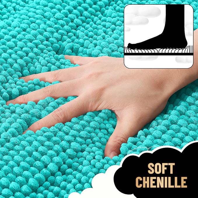 OLANLY Thick Bathroom Rugs 24x16, Extra Soft Absorbent Chenille Striped Bath Rugs, Rubber Backing, Machine Wash Dry, Bath Mats for Bathroom Floor, Tub and Shower, Home Decor Accessories, Teal