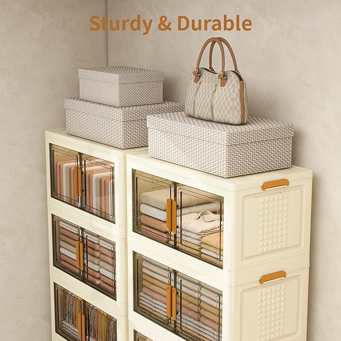 Plastic Stackable Storage Bins with 2 Lids and Wheels, 912QT-152QT*6Tier Foldable Closet Organizers and Containers, Collapsible Clear Drawer Storage Cabinet with Doors Ivory White