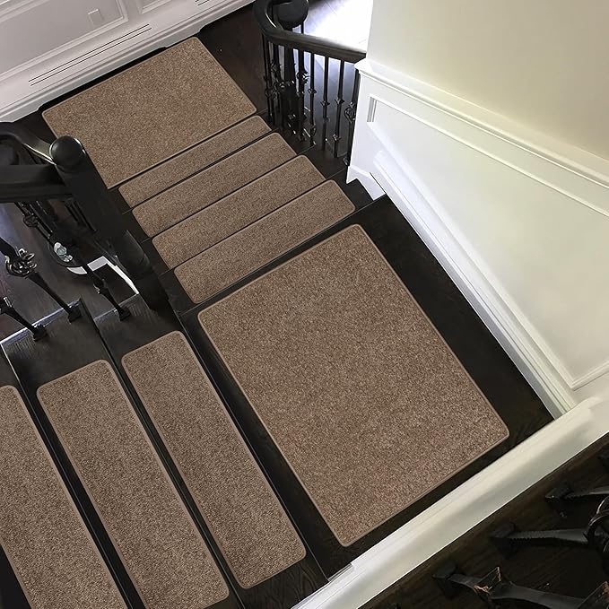 PURE ERA Carpet Stair Treads Tape Free Non Slip Indoor Stair Carpet Stair Protectors Pet-Friendly Non-Slip Skid Resistant Washable Reusable 8" x 30"(2 Pieces,Camel Brown)