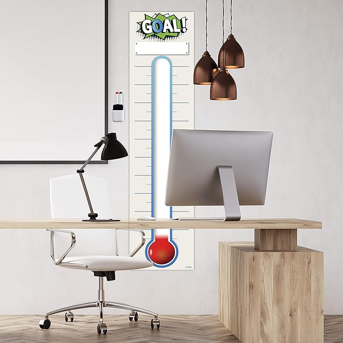 Fundraising Thermometer Chart Goal Tracker Decal - 48"x12" - Dry Erase Goal Setting Wall Poster Thermometer - Removable Giant Sales Goal Vinyl Sticker (Blue)