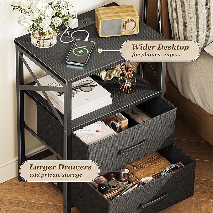 Huuger Night Stand with Charger Station, 2 Drawer Nightstand with Open Shelf, Bed Side Table with USB-C Port, End Table, Compact Size for Small Spaces, X Shaped Side Rail, Black