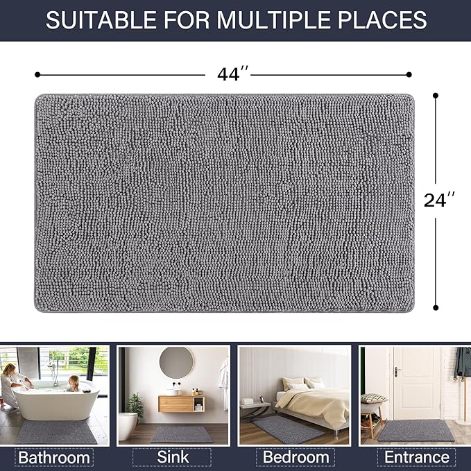LOCHAS Luxury Bathroom Rug Shaggy Bath Mat 24 x 44 Inch, Washable Non Slip Bath Rugs for Bathroom Shower, Soft Plush Chenille Absorbent Carpets Mats, Gray