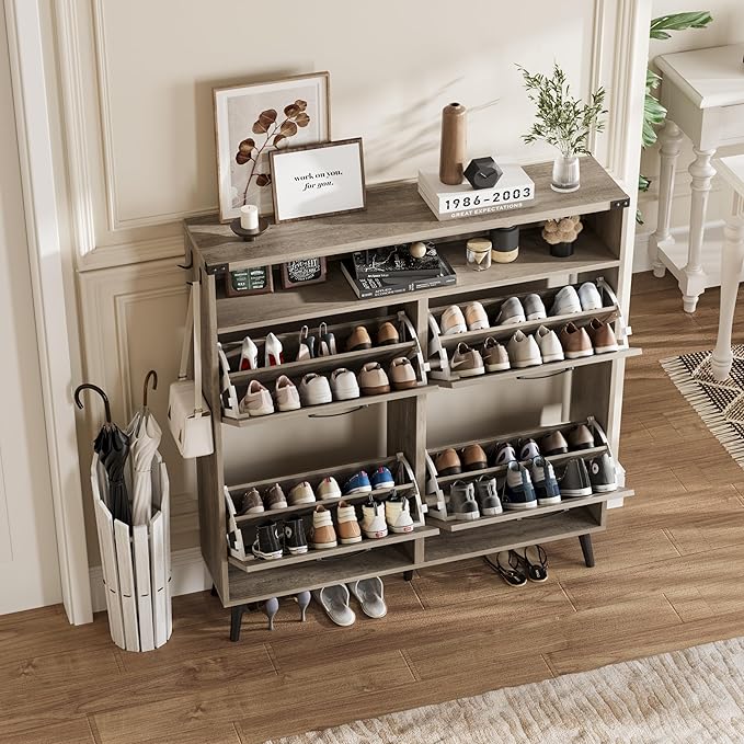 Shoe Cabinet with 4 Flip Drawers,Farmhouse Shoe Storage Cabinet for Entryway,Narrow Freestanding Organizer Rack with Open Shelves for Foyer,Hallway,Grey