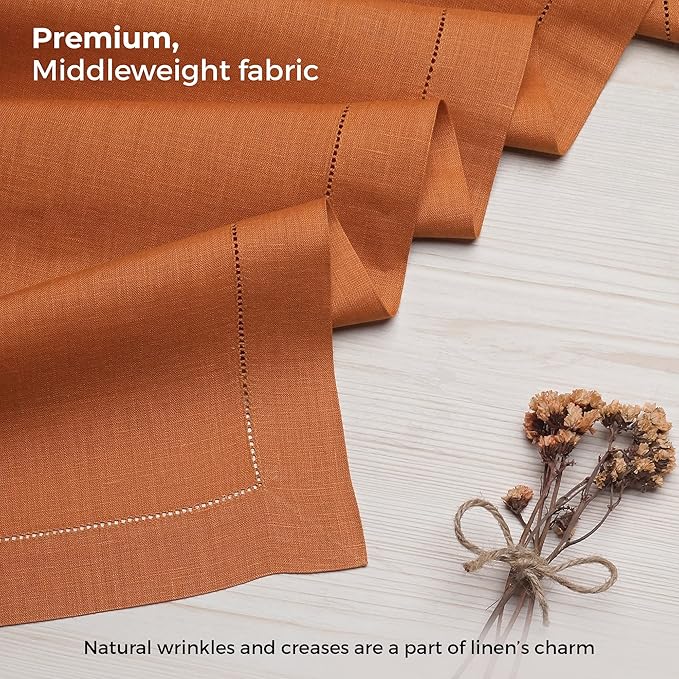 D'Moksha Homes Linen Rust Table Runner 120 Inches Long - 100% Pure Linen Hemstitch 14 x 120 Inch Table Runner for Dining and Spring, Easter - Classic Hemstitch