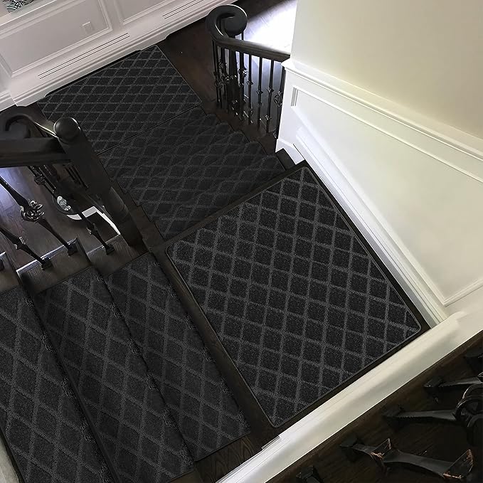 PURE ERA Bullnose Carpet Stair Treads Tape Free Non-Slip Indoor Stair Protectors Pet Friendly Stair Treads for Wooden Steps 9.5" x 30"(2 Pieces,Black Diamond Trellis)