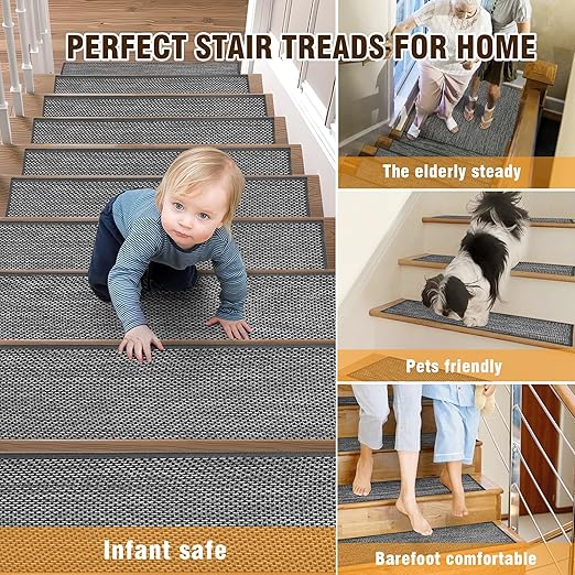 Deerly Linen Stair Treads Non Slip 10pcs Comfortable Stair Runner for Wooden Steps Peel and Stick Stairs Carpet Treads Indoor Staircase Covers Mat with Self-Adhesive Backing 8"X30" Black White
