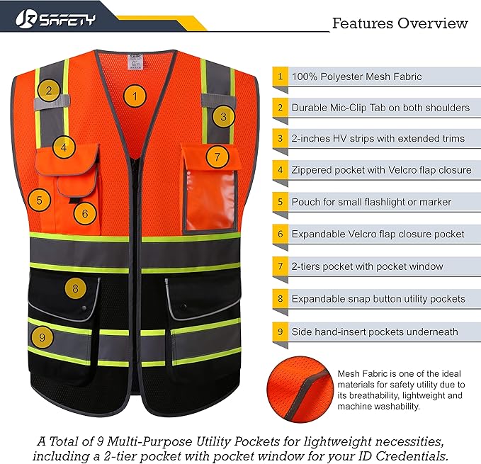 JKSafety 9 Pockets High Visibility Zipper Front Safety Vest With Reflective Strips,Meets ANSI/ISEA Standard (100-Orange-Black,XL)