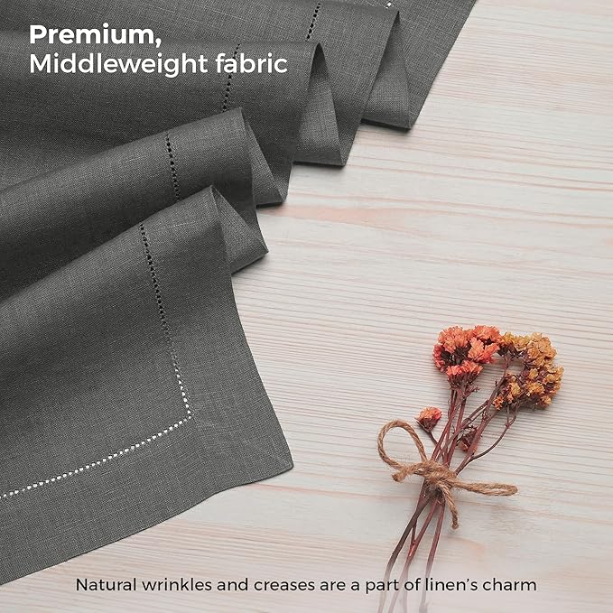 D'Moksha Homes Linen Charcoal Grey Table Runner 108 Inches Long - 100% Pure Linen 14 x 108 Inch Table Runner for Spring, Easter - Classic Hemstitch