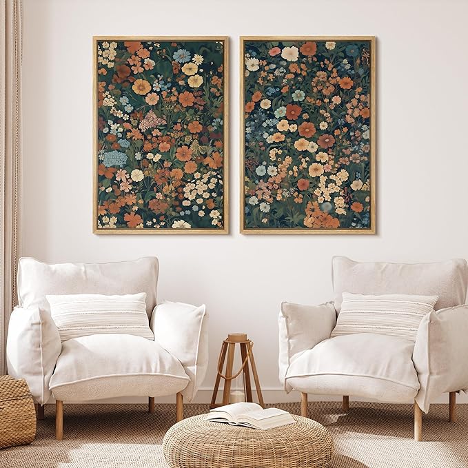 MUDECOR Framed Canvas Print Wall Art Vintage Floral Botanical Colorful Wildflowers Illustrations Modern Art Decorative Bohemian Colorful for Living Room, Bedroom, Office - 24"x36"x2 Natural