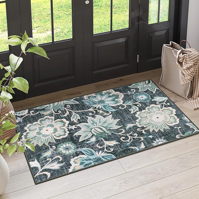 Beeiva Floral 3x5 Machine Washable Area Rugs, Vintage Rug for Entryway with Rubber Backing Paisley Blue, Ultra Thin Bathroom Carpet for Living Bedroom Kitchen