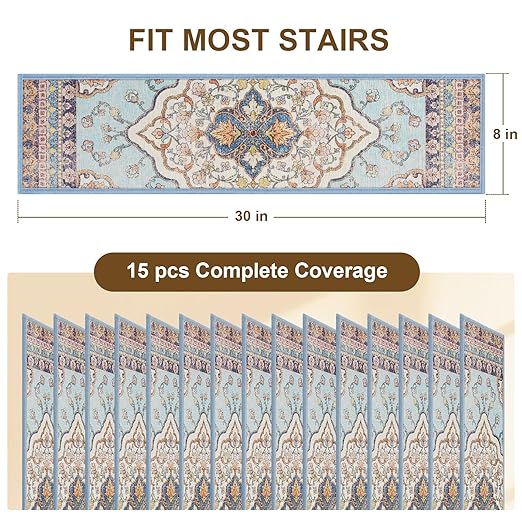 Non Slip Stair Treads for Wooden Steps Indoor, Light Blue, 15pcs, 30"X8", Soft Carpet Mat, Machine Washable Boho Carpet Treads with Reusable Adhesive Backing, Safety Stair Tread for Dog, Kid, Elder