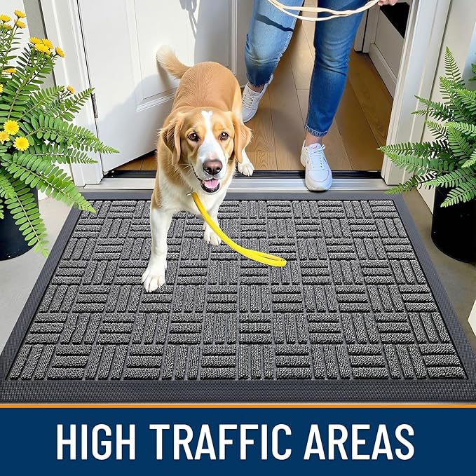 OLANLY Front Door Mat Outside Entrance 59x34, Absorbent, Heavy Duty Sturdy Natural Rubber Doormat Indoor Outdoor, Stain and Fade Resistant, Non-Slip Backing Low Profile Floor Mat for Entryway, Grey