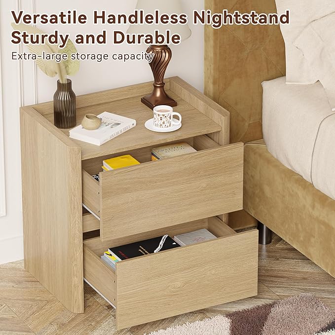 Nightstand with 2 Storage Drawer, Modern End Table for Bedroom with Cut-Out Handle, Large Night Stands for Bedroom, Home Office, Set of 2, Oak