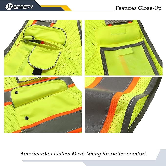 JKSafety 9 Pockets Hi-Vis Neon Yellow Zipper Front MESH Safety Vest with Fluorescent Orange Extend Edge outlining the Reflective Tapes Meet ANSI/ISEA Class 2 Standard (100-Yellow, XL)