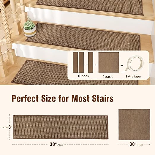 10pcs Stairs Treads and 1 Landing Carpet, Breathable Linen Stair Carpet Non Slip for Wooden Steps Peel and Stick Stairs Runner Indoor Self-Adhesive Treads Stair Covers Mat 8"X30" and 30"X30"