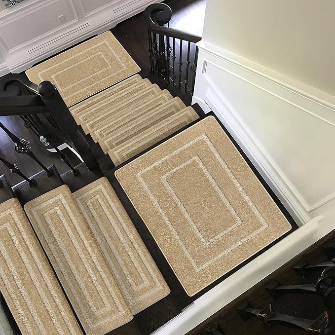 PURE ERA Bullnose Carpet Stair Treads Set Tape Free Non-Slip Indoor Stair Protectors Pet Friendly Rugs 9.5" x 30"(14 Pieces,Khaki Rectangular)