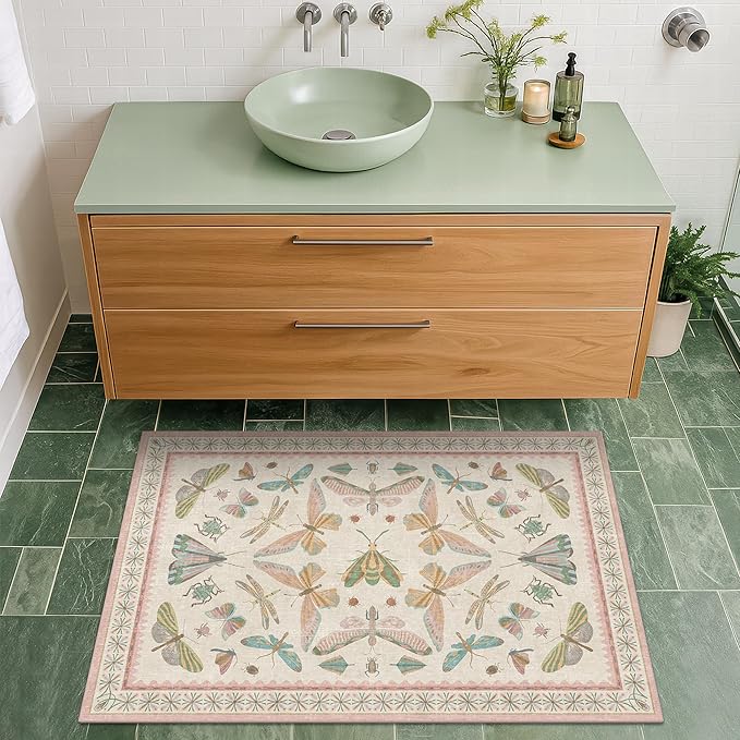 Light Pink Bathroom Rug - Washable 2x3 Small Kitchen Rugs for Powder Room, Front Door Indoor Entrance, Low Pile Stain Resistant, Colorful Pastel Aethestic