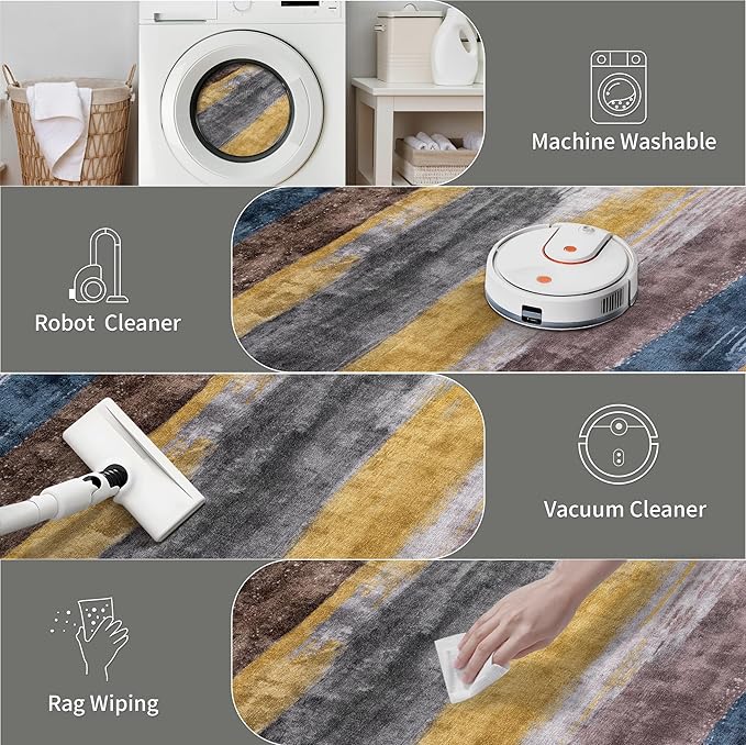 Ciicool Modern Abstract Rug for Living Room, 10'x14' Machine Washable Area Rug Non-Slip Rug, Low-Pile Contemporary Indoor Dining Floor Carpet for Bedroom Office Under Table Home Decor Yellow Grey