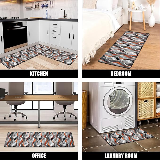 Kitchen Mats for Floor Modern Abstract kitchen rugs Grey and Orange Stripe Anti Fatigue Kitchen Mats Waterproof Floor Mats Cushioned Non-Skid Standing Mats for Kitchen, Set of 2,17.3 x 28+17.3 x 47