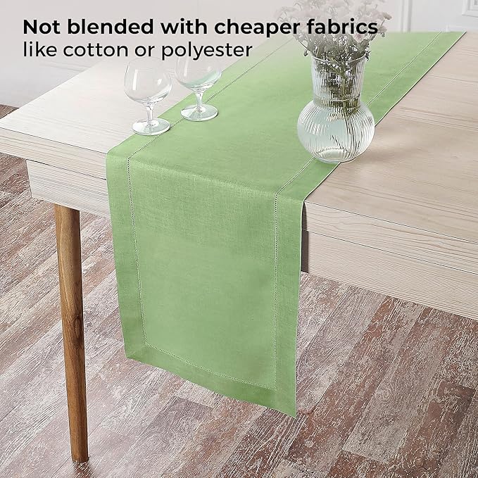 D'Moksha Homes Linen Sage Green Table Runner 48 Inches - Classic Hemstitch, 100% Pure Linen Coffee Table Runner 14 x 48 Inch Ideal for Dresser Tables - Spring, St Patricks Day, Easter