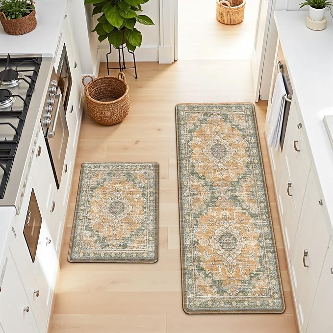 Boho Kitchen Mats for Floor 2 Piece Set Anti Fatigue Cushioned PVC Kitchen Rugs Non Slip Waterproof Farmhouse Mats 2/5 Inch Comfort Standing Mat for Sink, Laundry, 17.3"x59"+17.3"x28", Green Orange