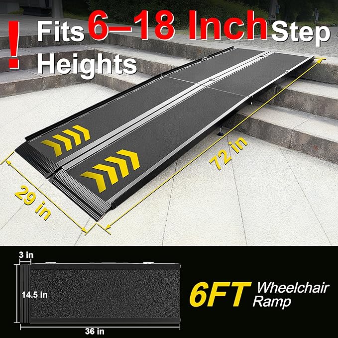 6 Feet Portable Wheelchair Ramp with Sopport Legs, Black Seamless Non-Slip Aluminum Folding Handicap Ramp,Threshold Ramp for Doorways, Wheel Chair Ramp for Home Steps,Loading Dock Plates