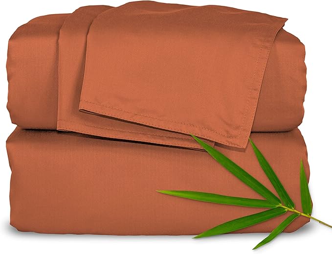 Pure Bamboo Split King Sheets, Genuine 100% Organic Viscose Derived from Bamboo Bed Sheet Set, Soft & Cooling, Double Stitching, 2 Fitted Sheets (Split King, Terracotta)