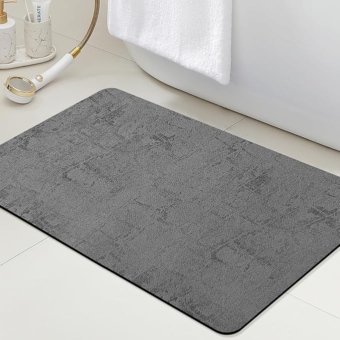 ACCUMTEK Ultra Thin Bath Mat, Upgrade Backing Non Slip Thin Bath Mats Fit Under Door, Quick Dry Ultra Absorbent Bathroom Rugs, Machine Washable Bath Rugs for Bathroom, Charcoal Gray/Checkered/32 x20