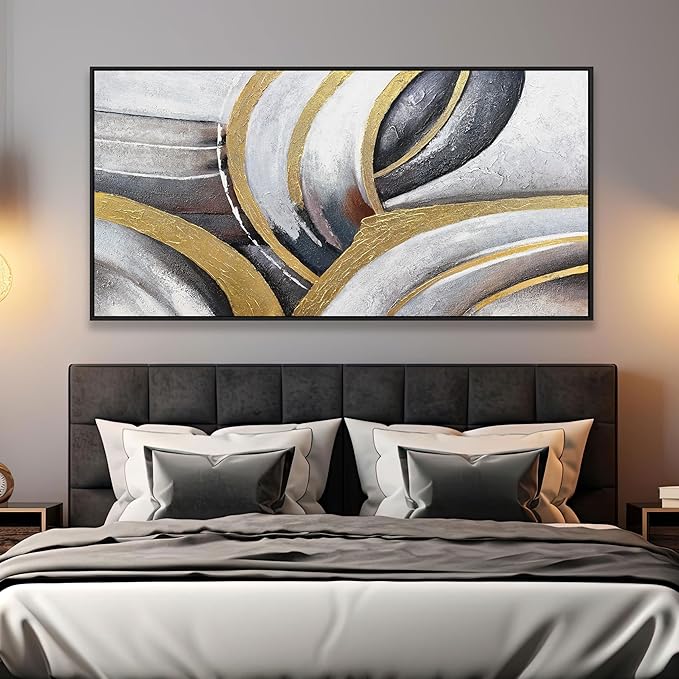 Abstract Wall Art Gold and White Framed Canvas Painting Artwork Modern Home Canvas Wall Decor Suitable for Living Room Bedroom Restaurant Office 29"X58"