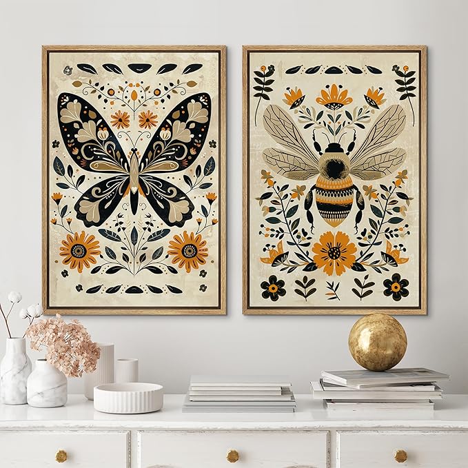 MUDECOR Framed Canvas Print Wall Art Set Butterfly Animals Botanical Bee llustrations Modern Art Decorative Bohemian Calm/Zen for Living Room, Bedroom, Office - 16"x24"x2 Natural