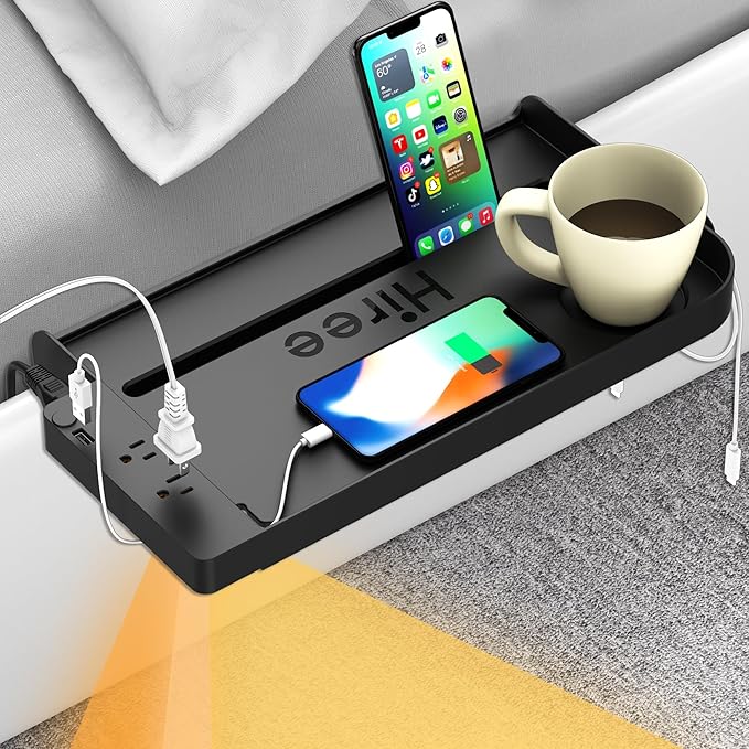 Bedside Shelf for Dorm Bunk Bed with USB Charging Port and AC Outlets, Bedside Caddy, Attachable Bedside Table, College Dorm Essential Clip On Bedside Tray, Bunk Bed Accessories, Plus Size, Black