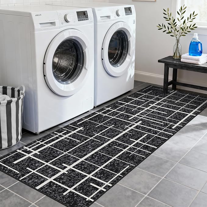 Washable Runner Rug 2x6, Modern Distressed Stripe, Kitchen Runner Rug Non Slip, Woven Thin No Shed Runners for Entryway, Kitchen, Laundry Room- Midnight Black