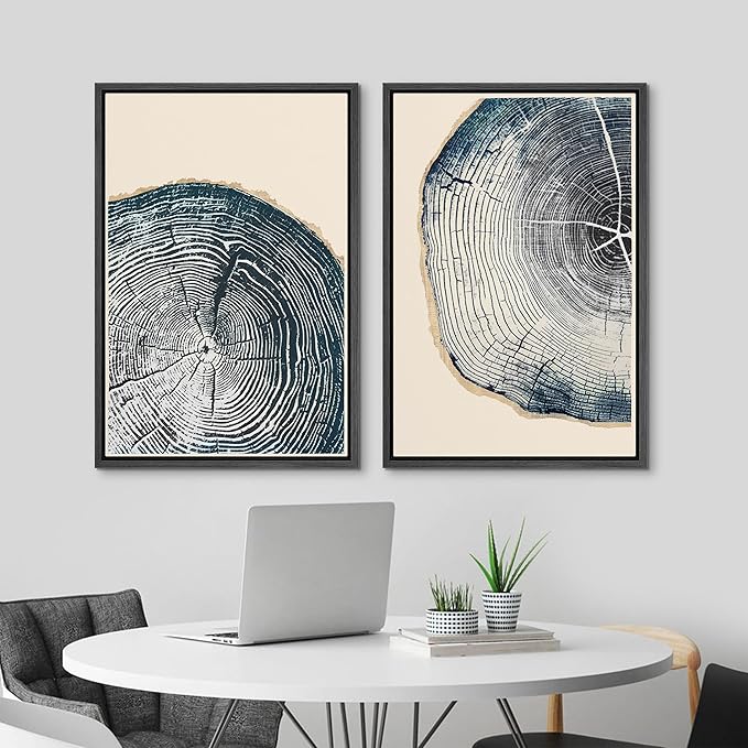 MUDECOR Framed Canvas Print Wall Art Navy Blue Wood Tree Ring Nature Illustration Modern Art Decorative Multicolor Geometric Minimal for Bedroom - 24"x36"x2 Black