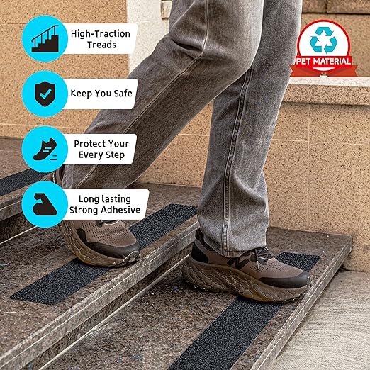 LifeGrip Anti Slip Traction Treads (10-Pack), 6 inch X 30 inch, Best Grip Tape Grit Non Slip, Outdoor Non Skid Tape, High Traction Friction Abrasive Adhesive for Stairs Step, Black (6" X 30" X 10P)
