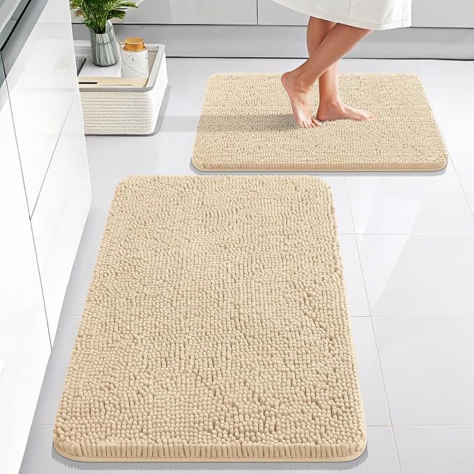 OLANLY Bathroom Rugs Sets 2 Piece, Soft Absorbent Chenille Bath Mats Area Rug Set, Non-Slip, Quick Dry, Machine Washable Bath Mats for Bathroom, Home Decor Accessories (30"x20"+24"x16", Beige)