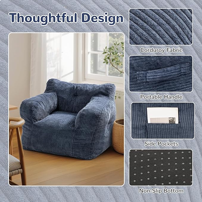 32" Bean Bag Chair,Loveseat Sofa,Corduroy Lazy Sofa Bed for Adults,Fit Living Room, Bedroom,Outdoor Spaces,Ultra Soft Dutch Velvet,Fluffy Comfort Washable Cover,72h Rebound,Blue