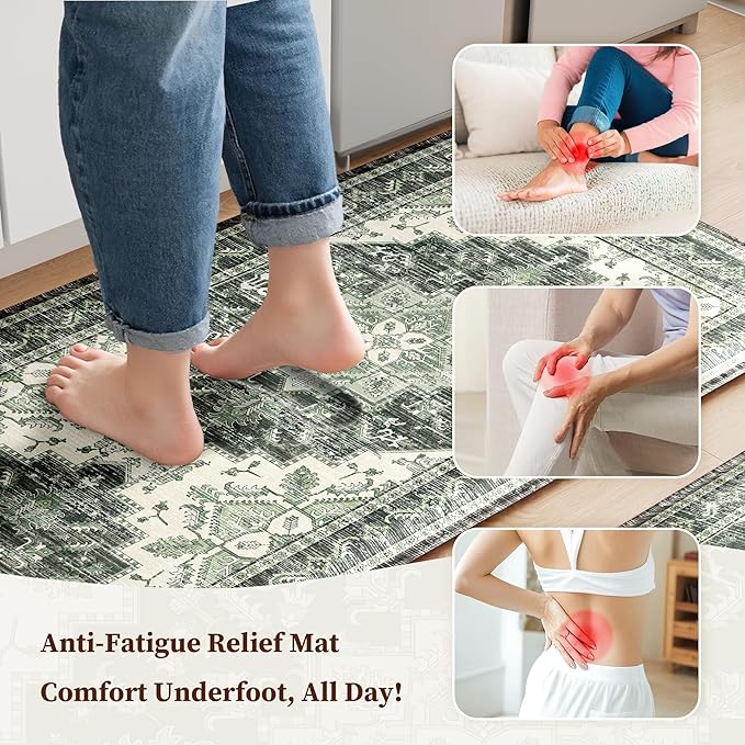 Boho Kitchen Mats for Floor 2 Piece Set Anti Fatigue Cushioned PVC Kitchen Rugs Non Slip Waterproof Farmhouse Mats 2/5 Inch Comfort Standing Mat for Sink, Laundry, Office, 17.3"x47"+17.3"x28", Green