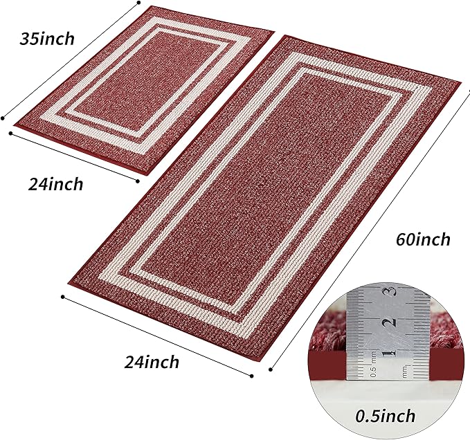COSY HOMEER Kitchen Rugs Non-Slip 20" x30/20 x48 Inch Thick Polypropylene Standing Mat for Home Machine Washable, Red Frame