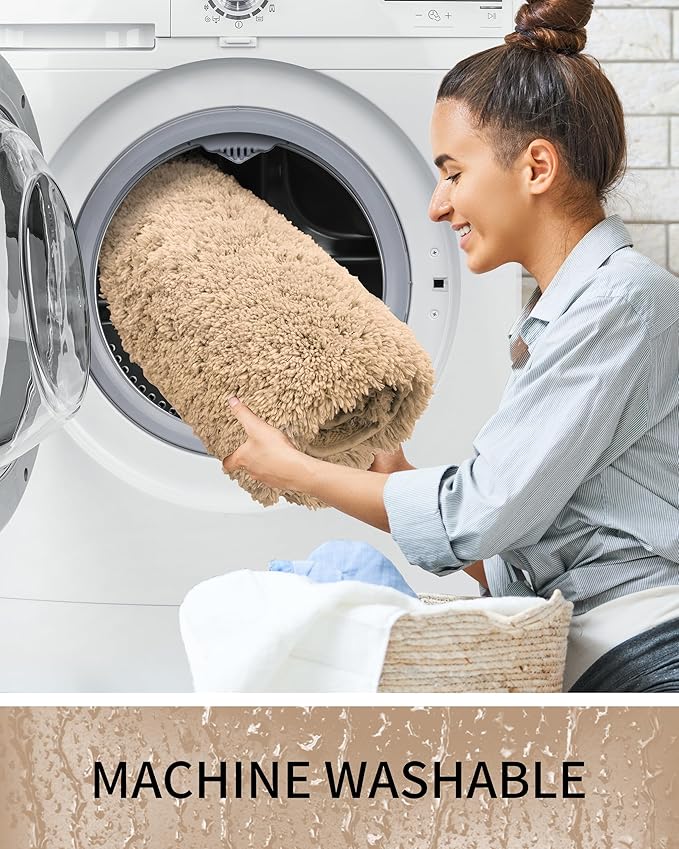 Bathroom Rugs 32x20, Ultra Thick Shaggy Soft Microfiber Absorbent Bath Rug, High Density Foam Latex Non Slip Backing, Machine Washable Bath Mats for Bathroom Floor & Sink, Beige