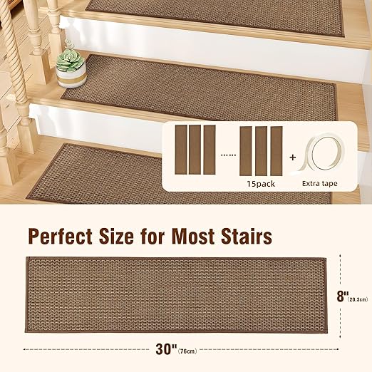 Deerly Linen Brown Stair Treads Non Slip 15pcs Stair Runner for Wooden Steps Peel and Stick Stairs Carpet Treads Indoor Staircase Covers Mat with Self-Adhesive Backing for Pets and Kids 8"X30" Brown