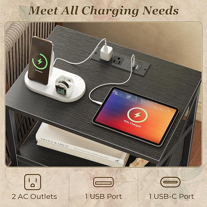 Huuger Nightstands Set of 2, Night Stand with Charger Station, 2 Drawer Side Table with Open Shelf, USB-C Port, End Table for Small Spaces, X Shaped Side Rail, Black